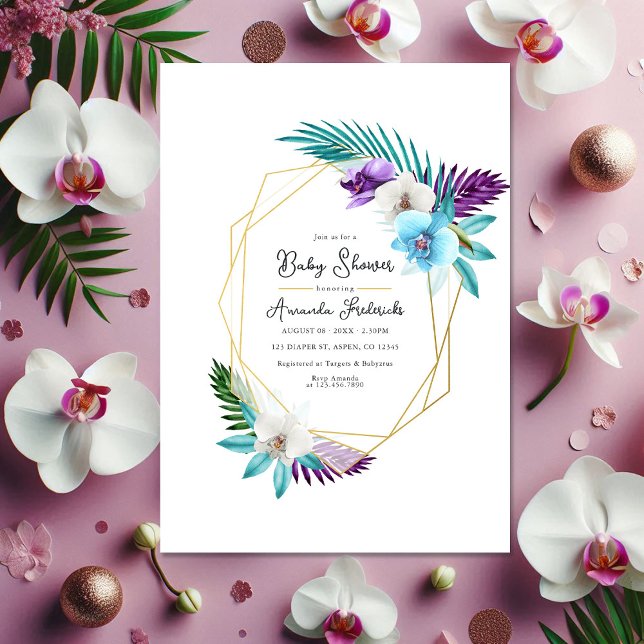 Invitación Acuarela Orquídeas Tropicales Baby Shower Geométri (Watercolor Tropical Orchids Geometric Baby Shower Invitation)