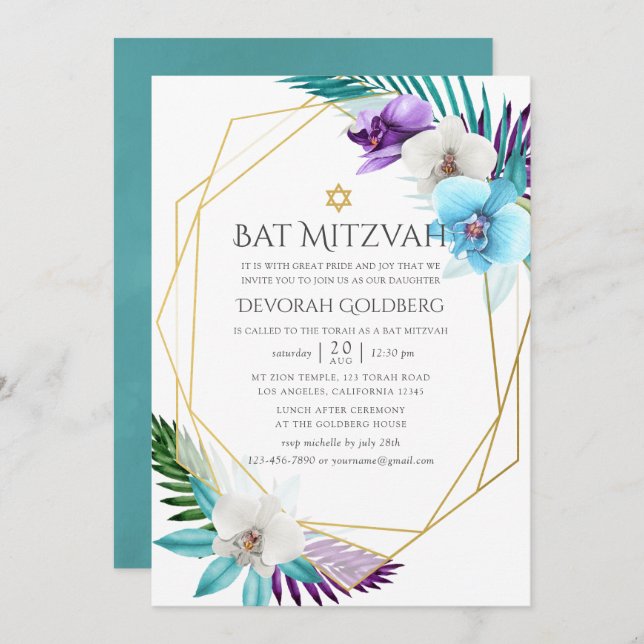 Invitación Acuarela Orquídeas Tropicales Bat Geométrico Mitzv (Anverso / Reverso)