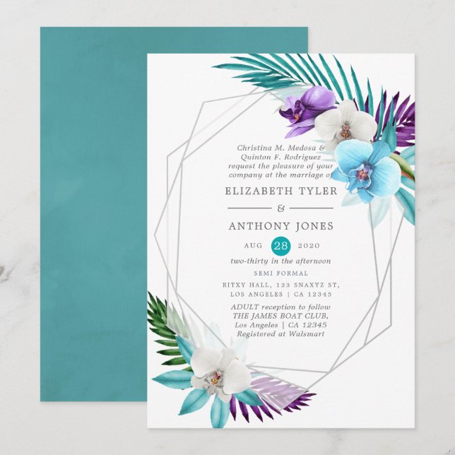 Invitación Acuarela Orquídeas Tropicales Boda Geométrico (Anverso / Reverso)