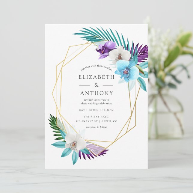 Invitación Acuarela Orquídeas Tropicales Boda Geométrico (Anverso de pie)