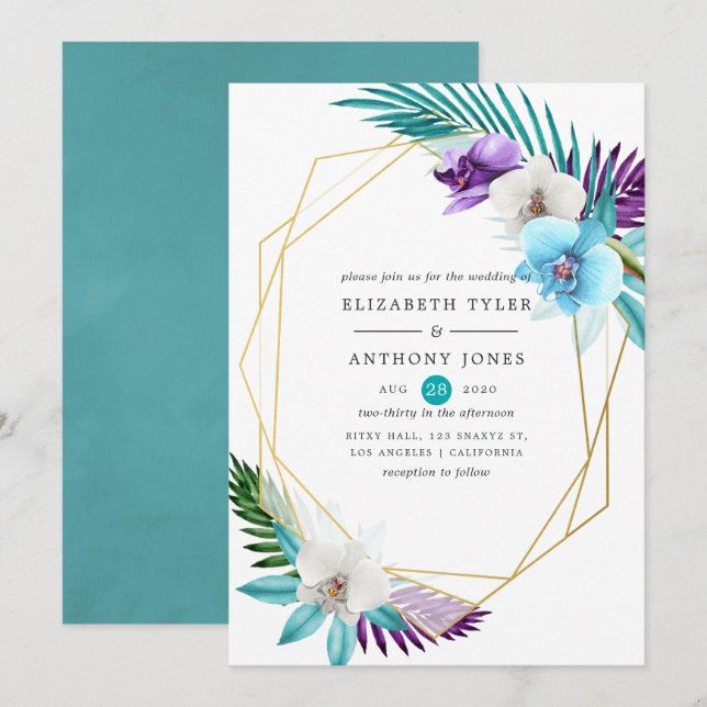 Invitación Acuarela Orquídeas Tropicales Boda Geométrico (Anverso / Reverso)