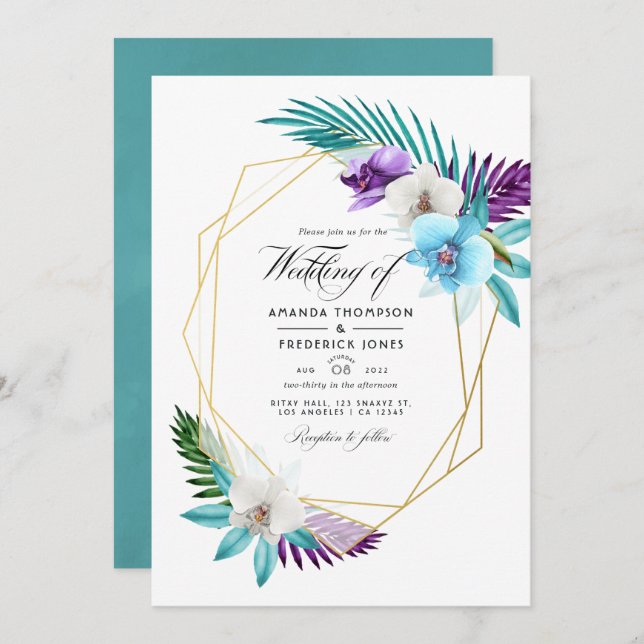 Invitación Acuarela Orquídeas Tropicales Boda Geométrico Invi (Anverso / Reverso)