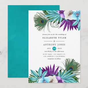 Invitación Acuarela Orquídeas Tropicales Boda Pavo Real