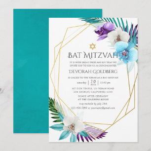 Invitación Acuarela Orquídeas Tropicales Geométricas Bat Mitz