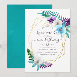 Invitación Acuarela Orquídeas Tropicales Geométricas Quinceañ