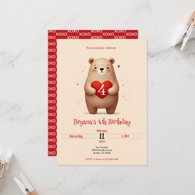 Invitación Acuarela Oso Corazón Rojo xoxo San Valentín (Anverso/Reverso In Situ)