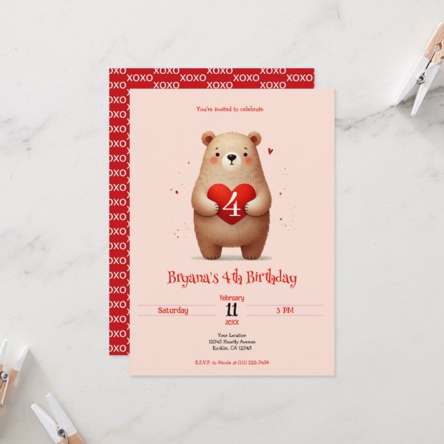 Invitación Acuarela Oso Corazón Rojo xoxo San Valentín (Anverso/Reverso In Situ)
