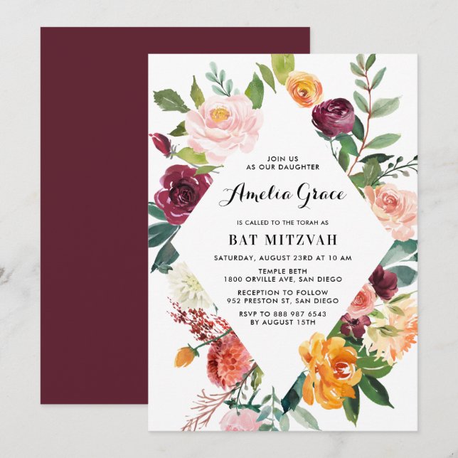 Invitación Acuarela Otoño Blooms Diamante Frame Bat Mitzvah (Anverso / Reverso)