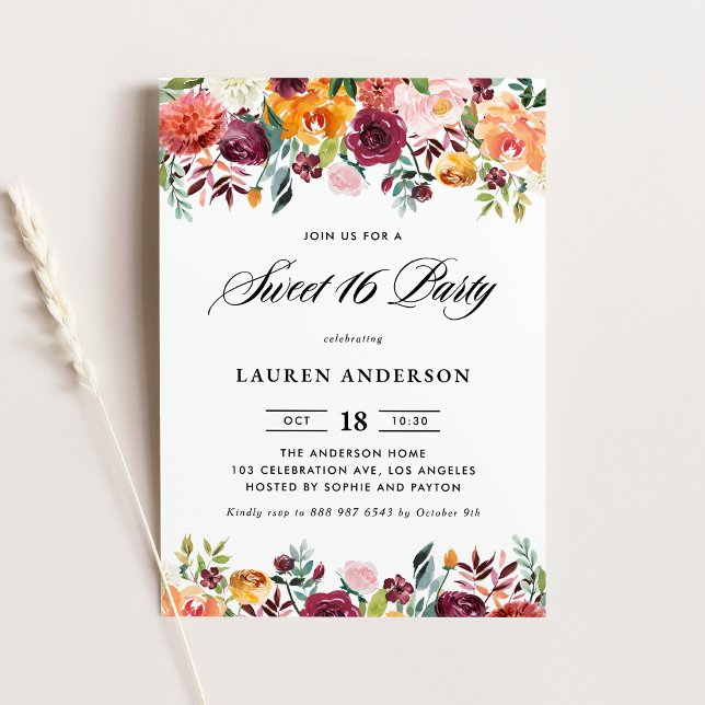 Invitación Acuarela Otoño Blooms Garland Sweet 16 (Subido por el creador)
