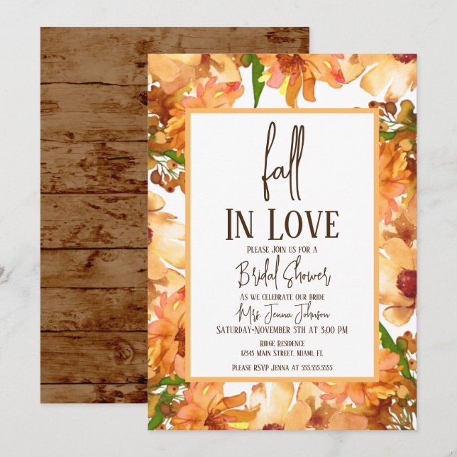 Invitación Acuarela Otoño Caída Amor Verdor Ducha de Novias (Anverso / Reverso)