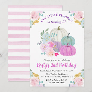 Invitación Acuarela Otoño Color Pastel Calabazas Cumpleaños
