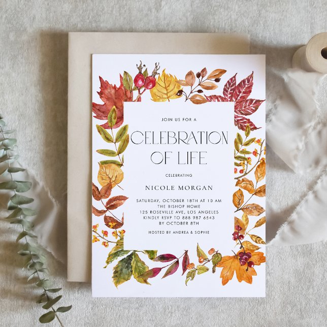 Invitación Acuarela Otoño deja la celebración del marco de la (Custom Celebration of Life Invitation featuring Watercolor Autumn Leaves Frame)