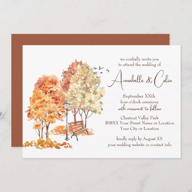 Invitación Acuarela Otoño en el Boda Park (Anverso / Reverso)