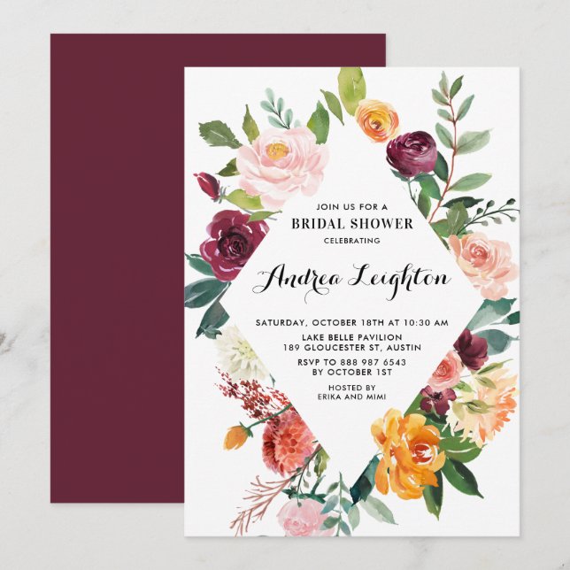 Invitación Acuarela Otoño Florece Floral Bridal Shower (Anverso / Reverso)