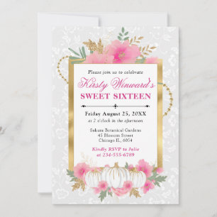 Invitación Acuarela Otoño Rosa Floral Calabaza Dulces 16