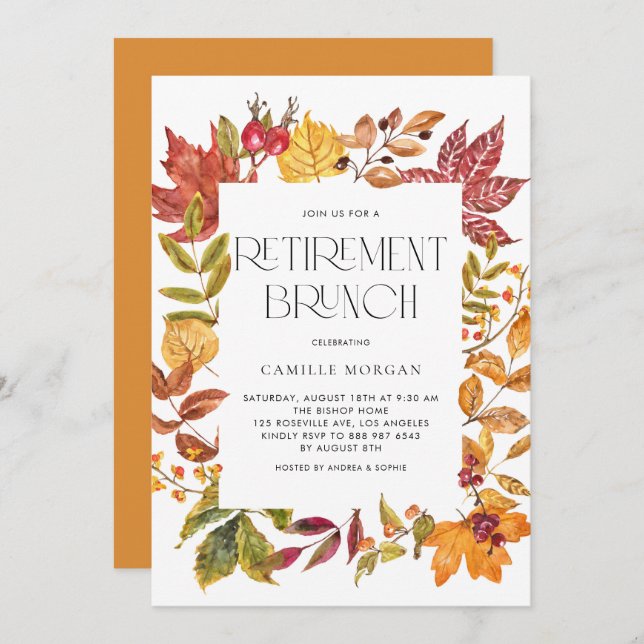Invitación Acuarela Otoño Sale De Brunch De Retirada De Marco (Anverso / Reverso)