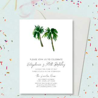 Invitación Acuarela Palm Trees Tropicales Cumpleaños
