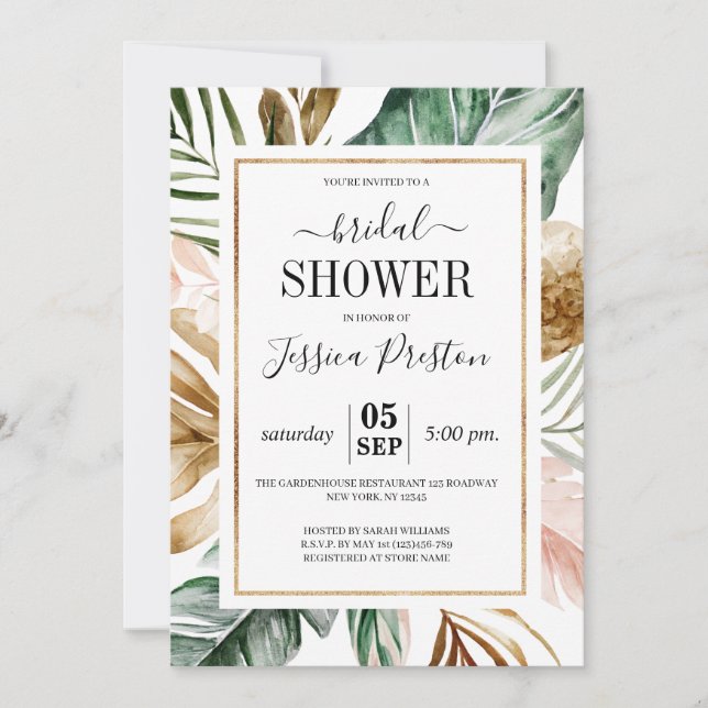 Invitación Acuarela Palm tropical deja ducha de novia (Anverso)