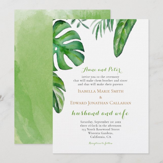 Invitación Acuarela Palm Verde Tropical Boda (Anverso / Reverso)