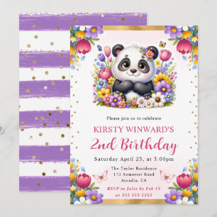 Invitación Acuarela Panda de Pascua Flores de Primavera Cumpl