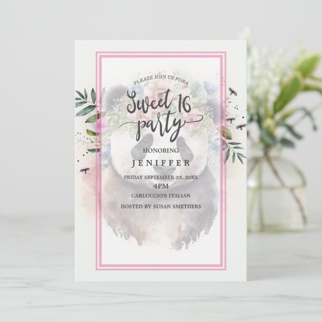 Invitación Acuarela Panda Flowers (Anverso de pie)