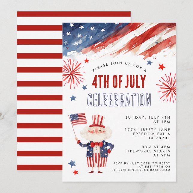 Invitación Acuarela para Cuatro de Julio con Barba (Anverso / Reverso)