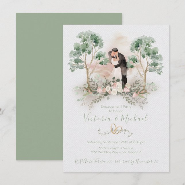 Invitación Acuarela Pareja Romántica Eucalyptus Floral (Anverso / Reverso)