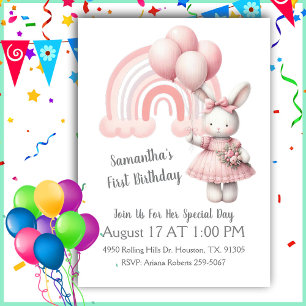 Invitación Acuarela Pastel Arcoiris Y Conejo Chica Cumpleaños