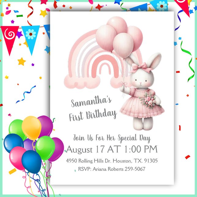 Invitación Acuarela Pastel Arcoiris Y Conejo Chica Cumpleaños (Subido por el creador)