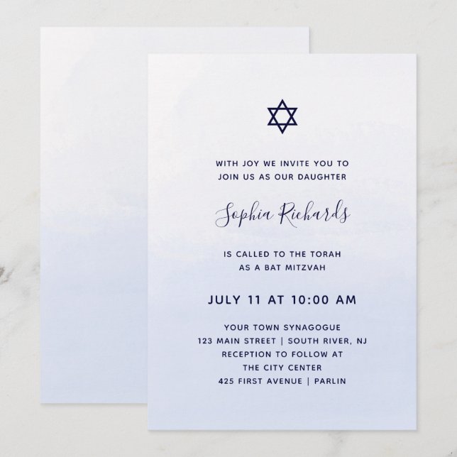 Invitación Acuarela Pastel Azul Ombre | Bat Mitzvah (Anverso / Reverso)