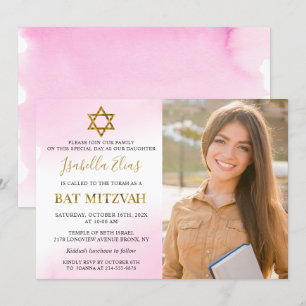 Invitación Acuarela Pastel de oro rosa Bat Mitzvah Foto