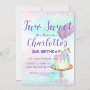 Invitación Acuarela Pastel Dos Niña Dulce Cumpleaños 2