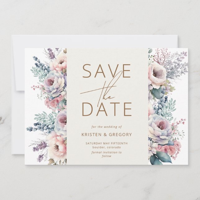 Invitación Acuarela Pastel Floral Guardar la fecha (Anverso)