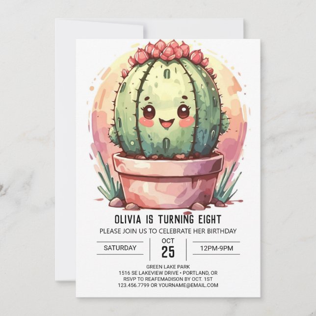 Invitación Acuarela Pastel Rosa Cactus Chica Cumpleaños (Anverso)