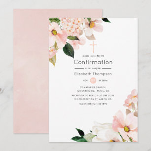 Invitación Acuarela Pastel Rosa Claro Floral Confirmación