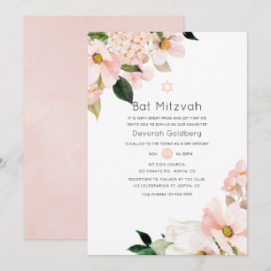 Invitación Acuarela Pastel Rosa Floral Bat Mitzvah