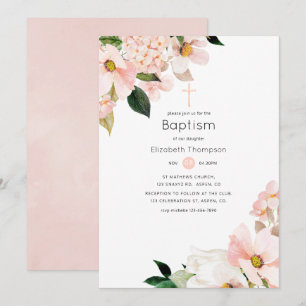 Invitación Acuarela Pastel Rosa Floral Bautizo