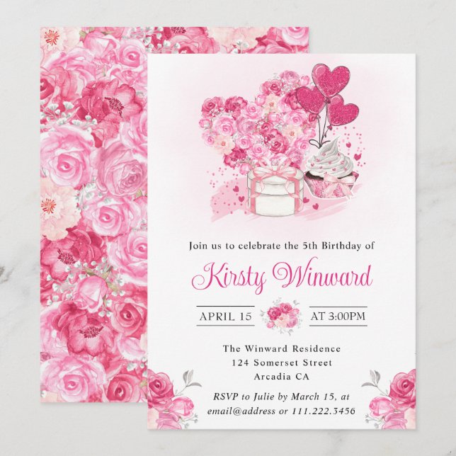 Invitación Acuarela Pastel rosa y Corazón Floral Cumpleaños (Anverso / Reverso)