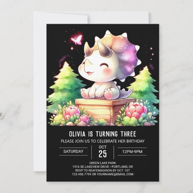 Invitación Acuarela Pastel Triceratops Cumpleaños (Anverso)