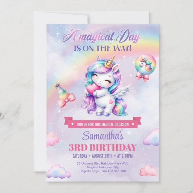 Invitación Acuarela pastel unicornio con arcoiris y corazón (Anverso)