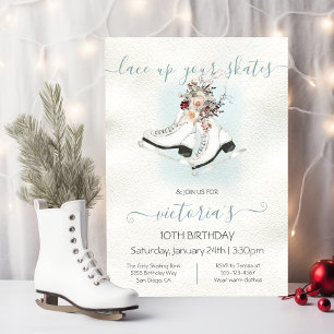 Invitación Acuarela Patinaje sobre hielo Blanco Floral Cumple