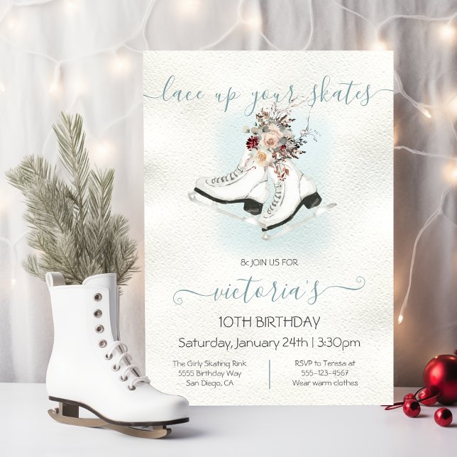 Invitación Acuarela Patinaje sobre hielo Blanco Floral Cumple (Subido por el creador)