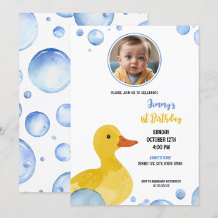 Invitación Acuarela Pato Amarillo Niño Foto Cumpleaños