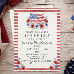 Invitación Acuarela Patriótica Floral del 4 de Julio BBQ EEUU