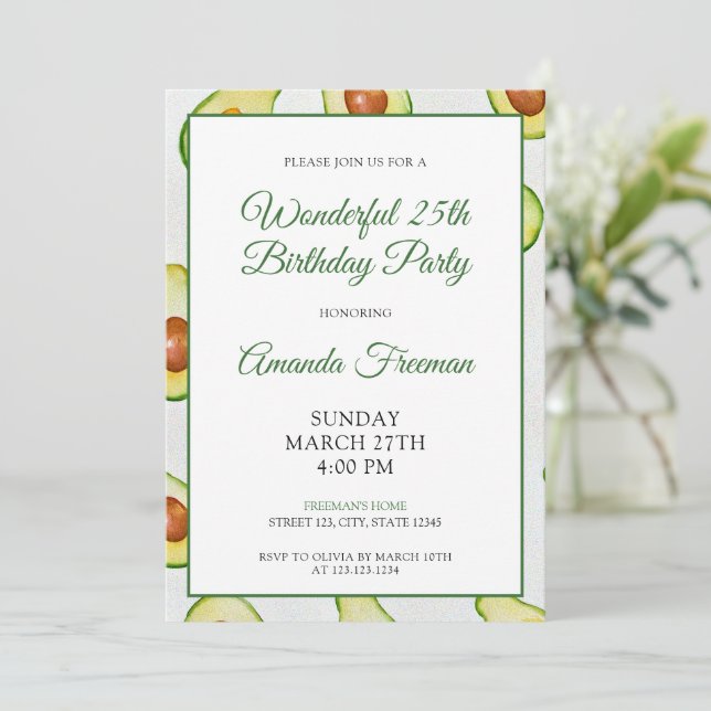 Invitación Acuarela Patrón de aguacate verde Cumpleaños (Anverso de pie)