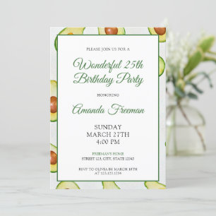 Invitación Acuarela Patrón de aguacate verde Cumpleaños