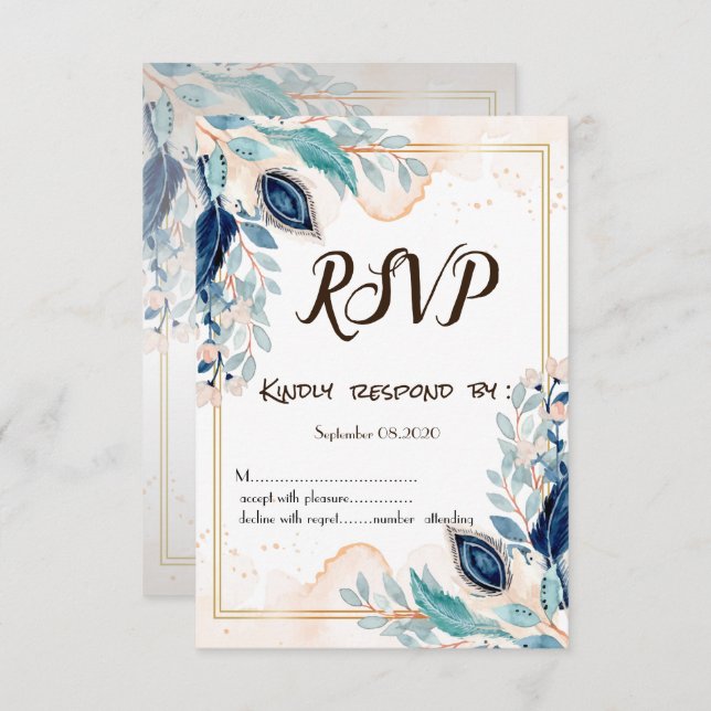 Invitación Acuarela Pavo Real Floral RSVP (Anverso / Reverso)