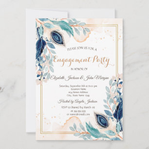 Invitación Acuarela Pavón Floral Azul Oscuro Compromiso