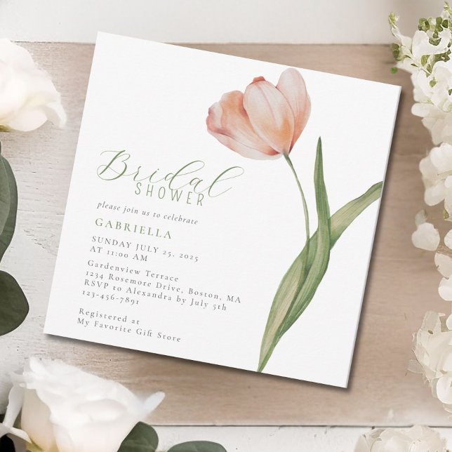 Invitación Acuarela Peach moderna Tulip Green Bridal Shower (Subido por el creador)