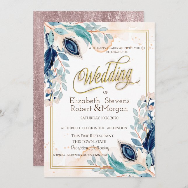 Invitación Acuarela Peacock Floral Boda (Anverso / Reverso)